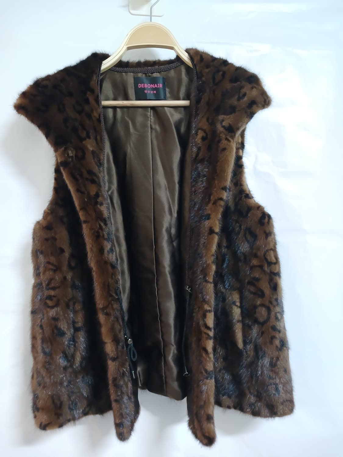 (새상품급,S,90)호피무늬 밍크 후드 숏베스트 조끼 상품이미지5