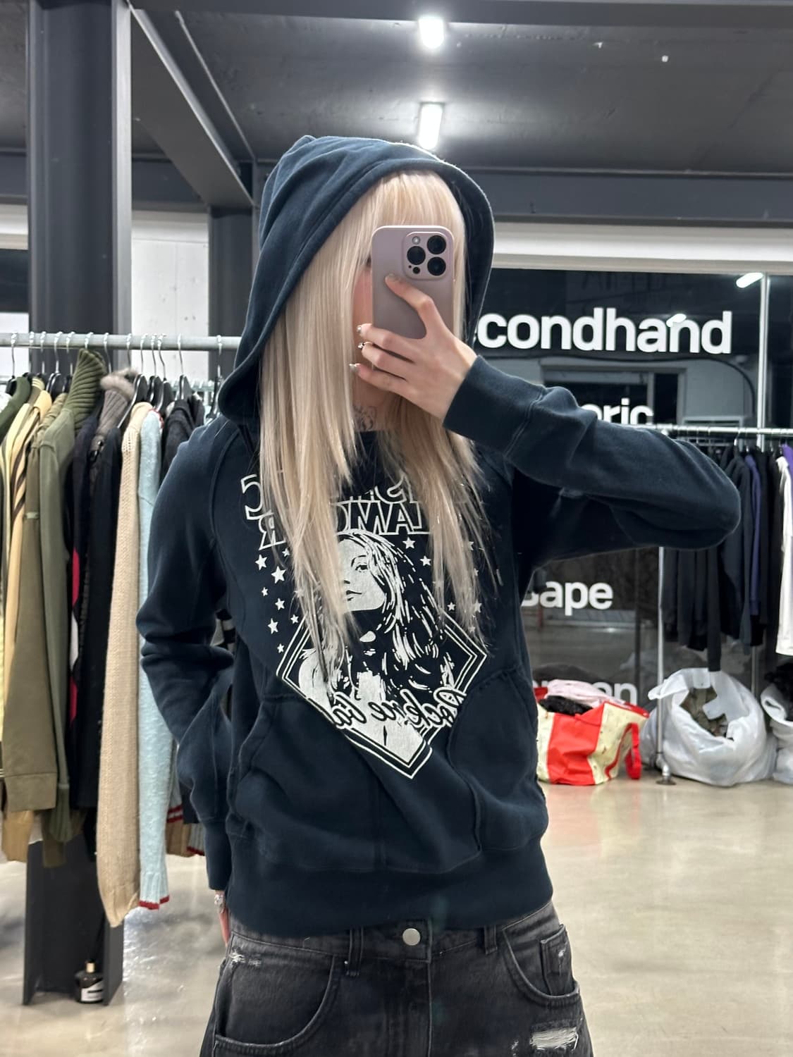 히스테릭 글래머 rock me baby 히스걸 네이비 후드 긴팔 슬리브 상품이미지2