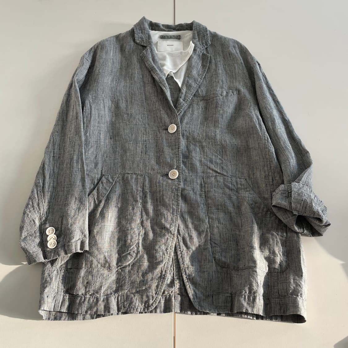 비이커 체크 여성용 린넨 100% 블레이저 자켓 상품이미지1