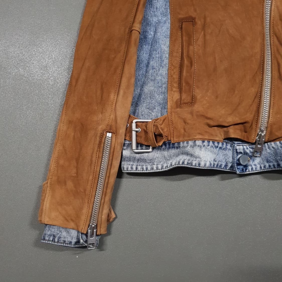 여성 S) 올세인츠 염소 스웨이드 지퍼 디테일 플레임 바이커 데님 자켓 상품이미지2