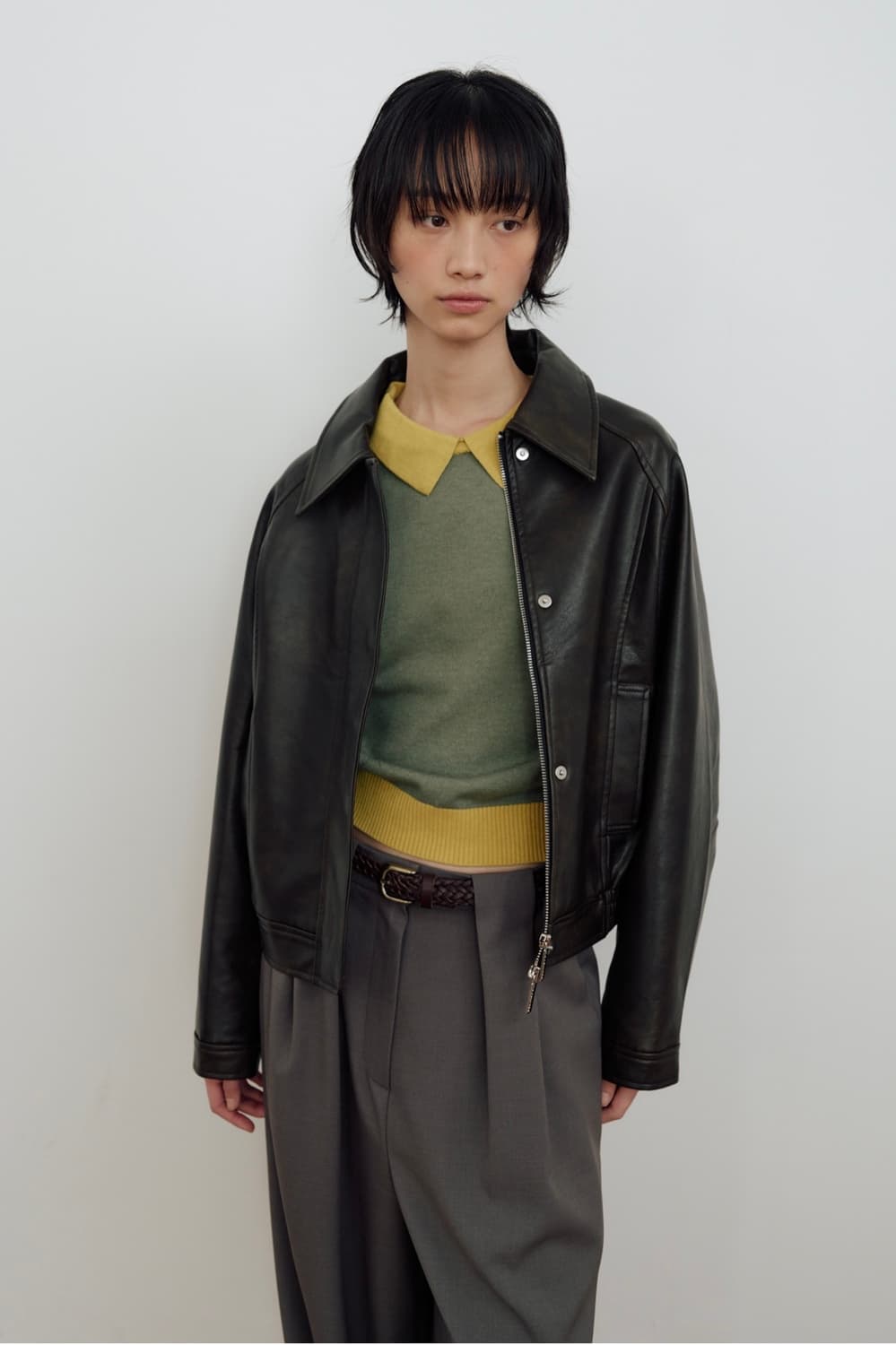 마조네 레더 플리츠 봄버 자켓 (브라운) 상품이미지2