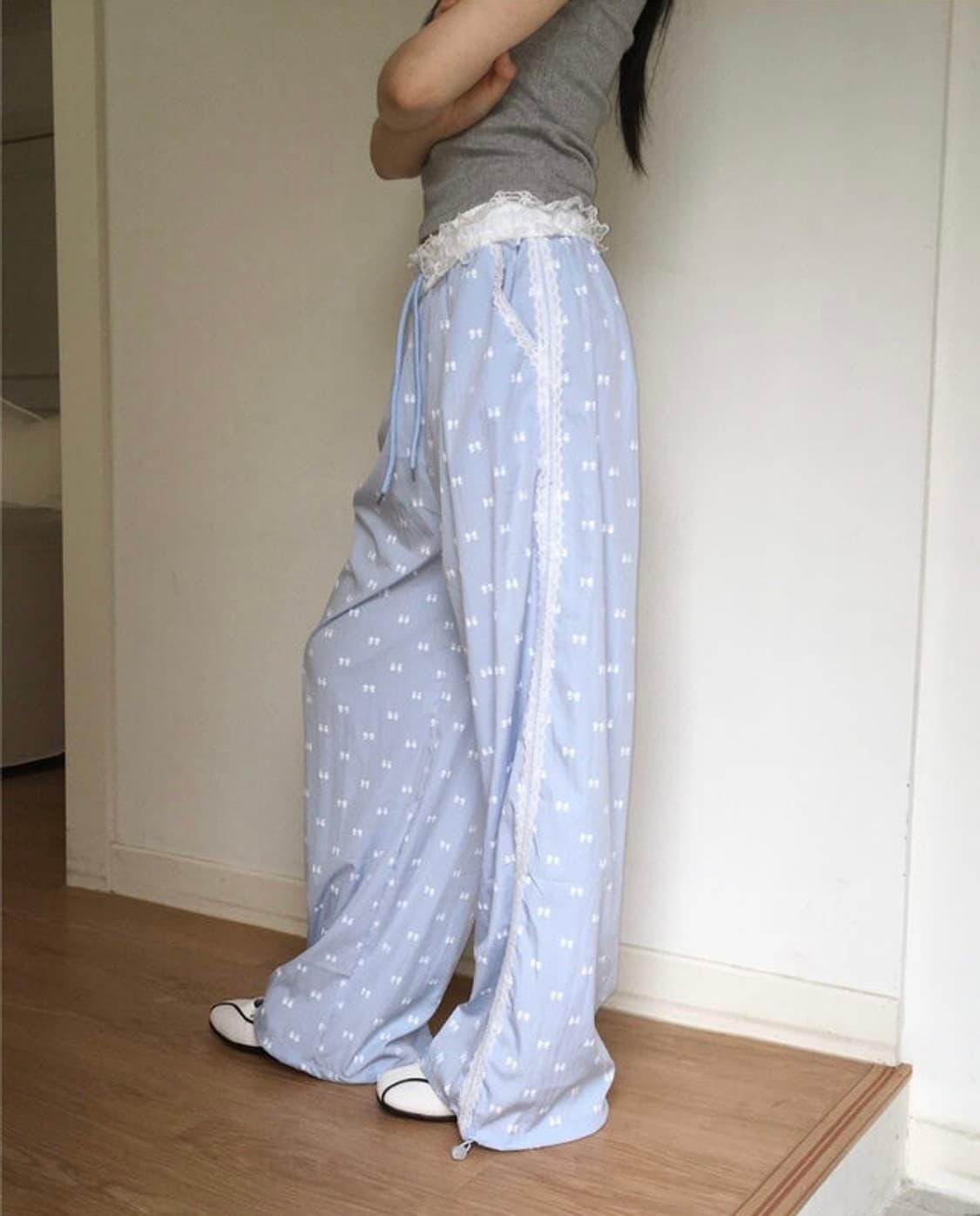 카제 레이스 리본 나일론 트랙팬츠 상품이미지4