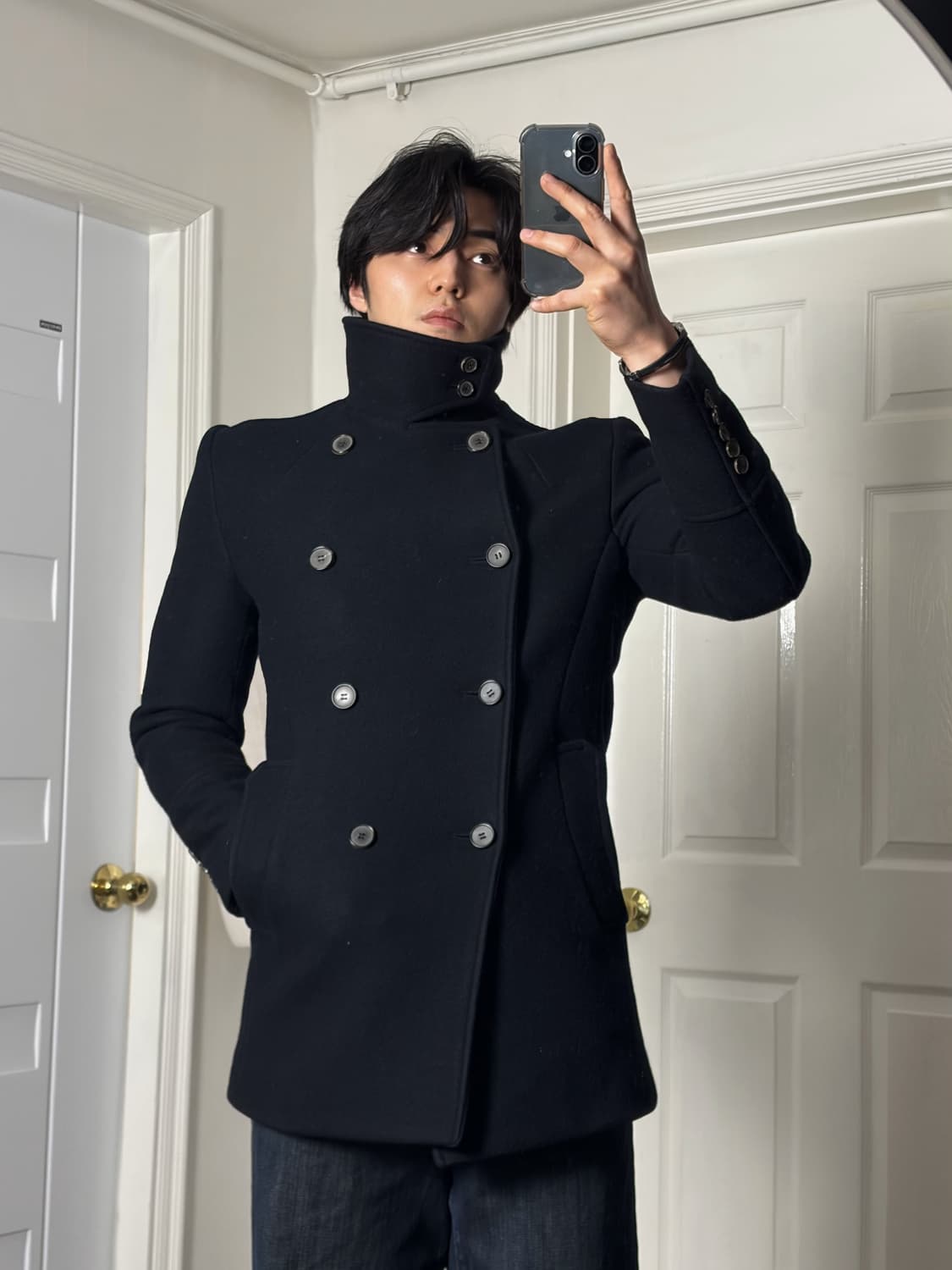 더블브레스트 하이넥코트 네이비 상품이미지3