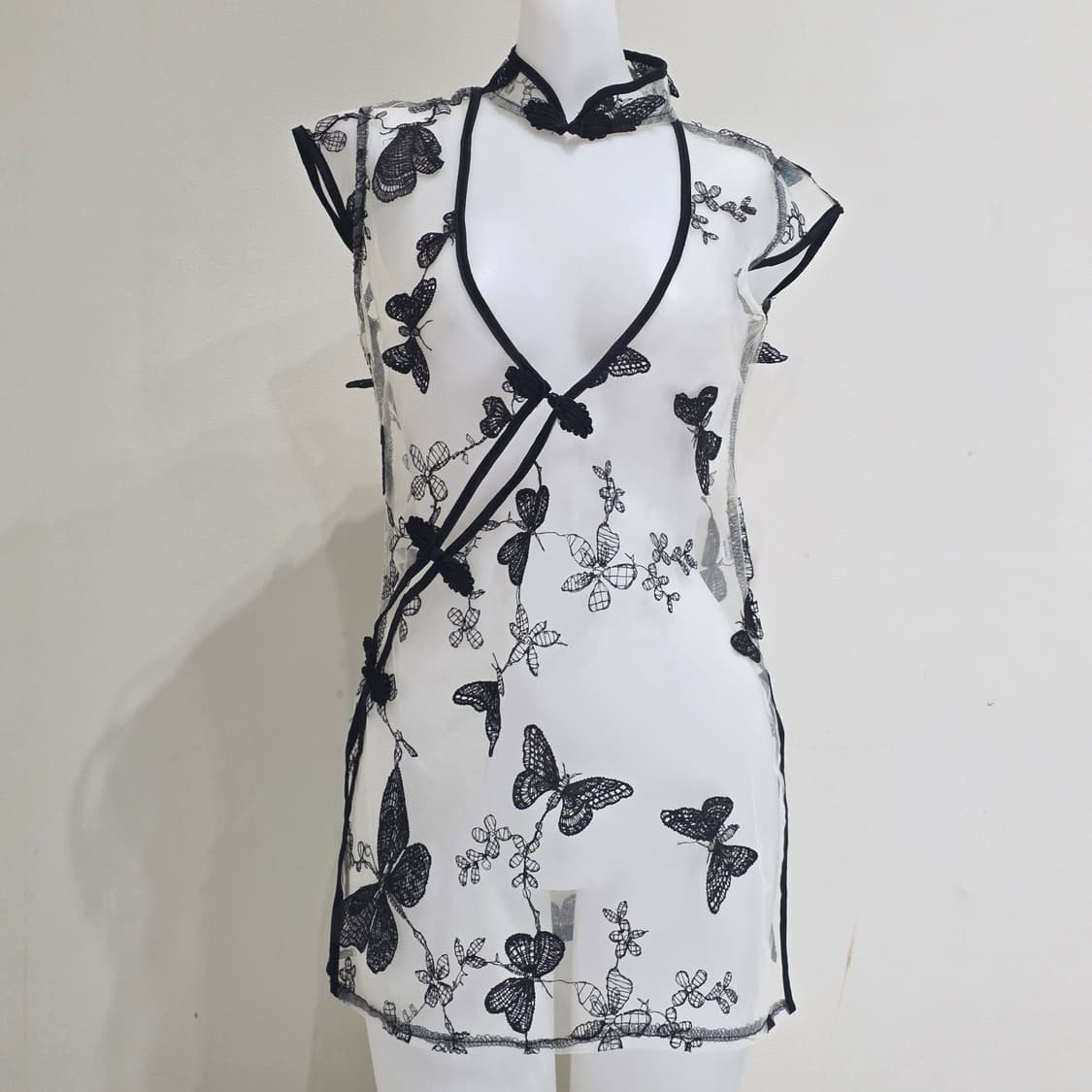 빈티지)블랙시스루 나비자수 오네갸루 오리엔탈 레이어드 차이나중국풍원피스 상품이미지3