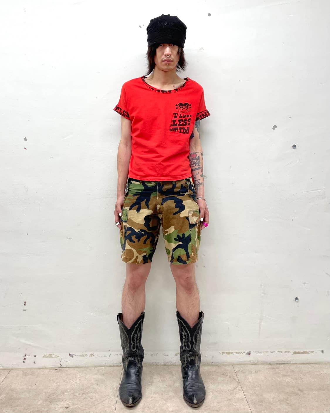  Two skull lettering red T-shirt 상품이미지5