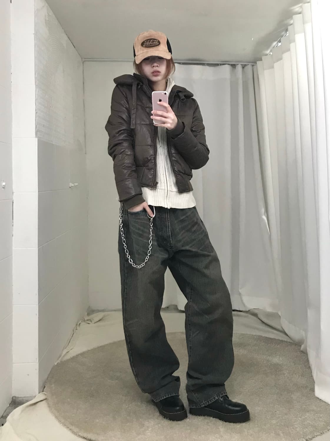 빈티지 브라운 캐주얼 슬림 스트릿 글로시 패딩 코디 세트 상품이미지2