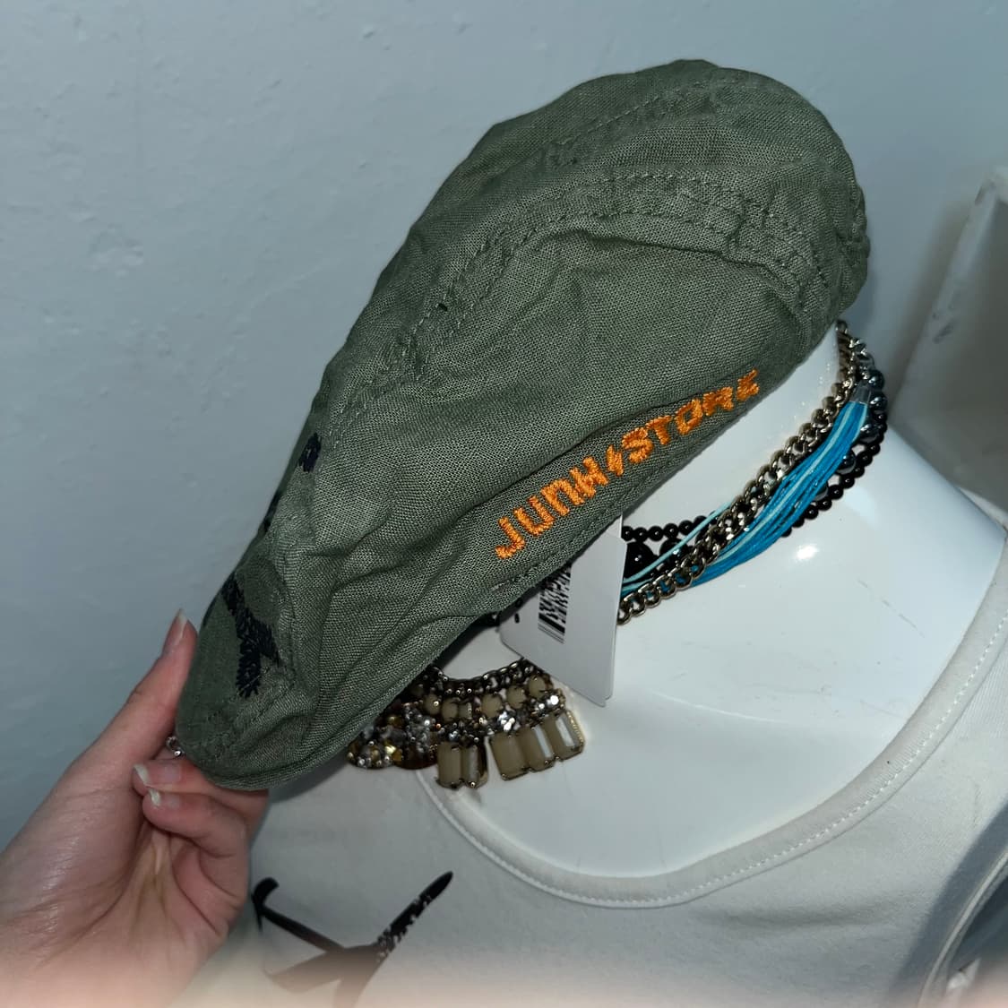 빈티지 카키 해골 자수 헌팅캡 상품이미지3