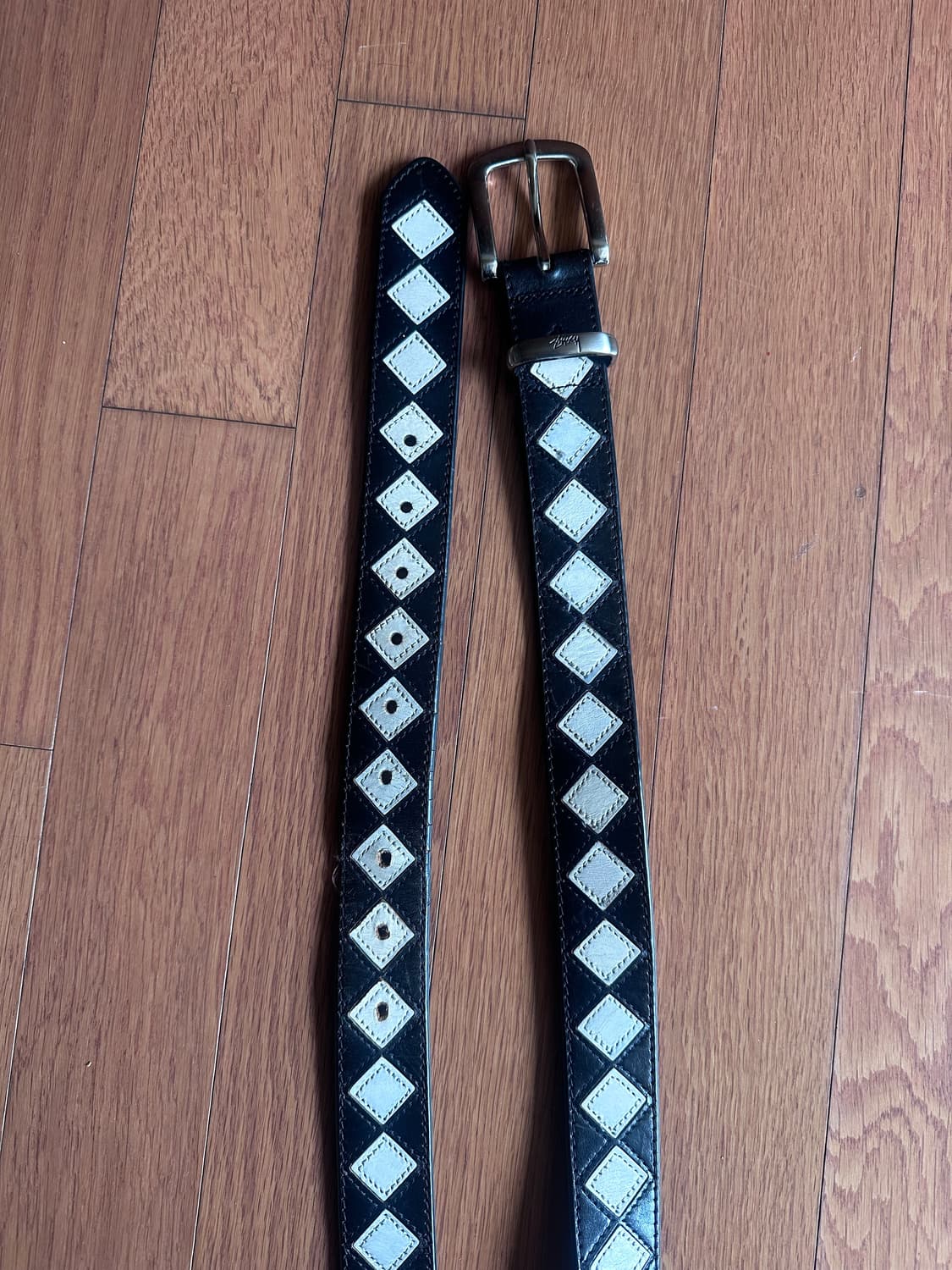 [L/XL] 스투시 아가일 스트치 레더 벨트 블랙 상품이미지3