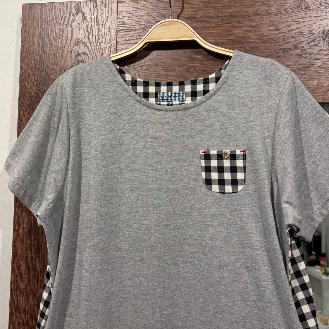 일본 빈티지 코지 그레이 체크 배색 모리 반팔 티셔츠 상품이미지4