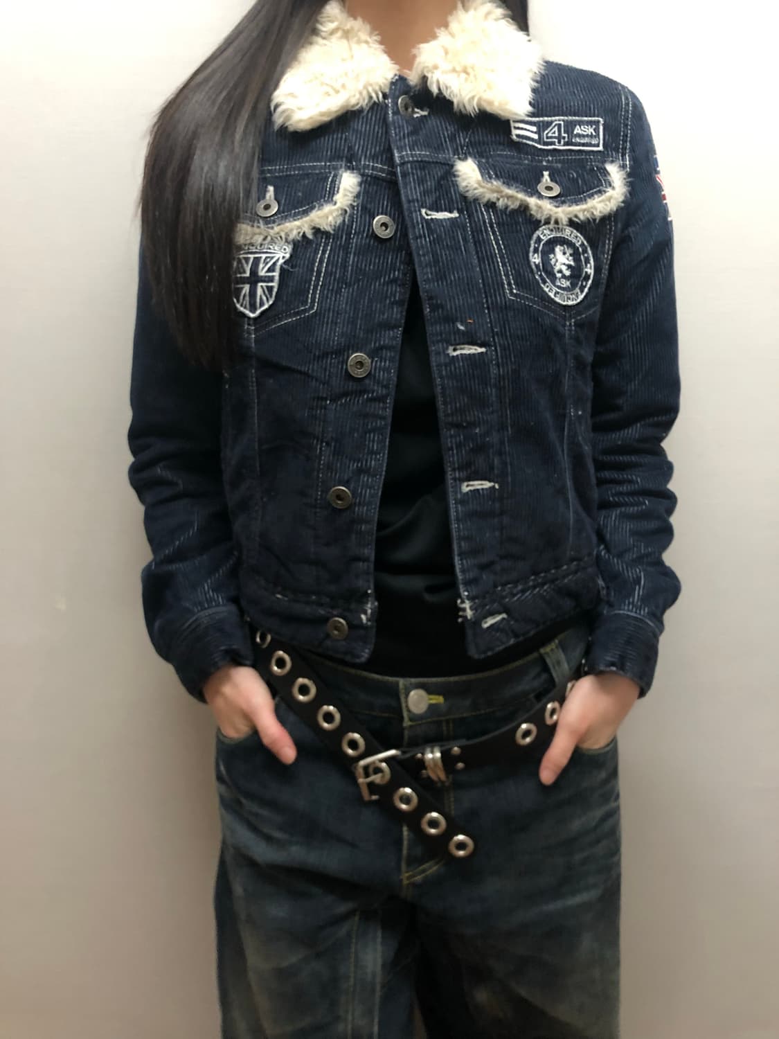 빈티지 에스크 퍼 카라 패치 데님 코듀로이 자켓 상품이미지1