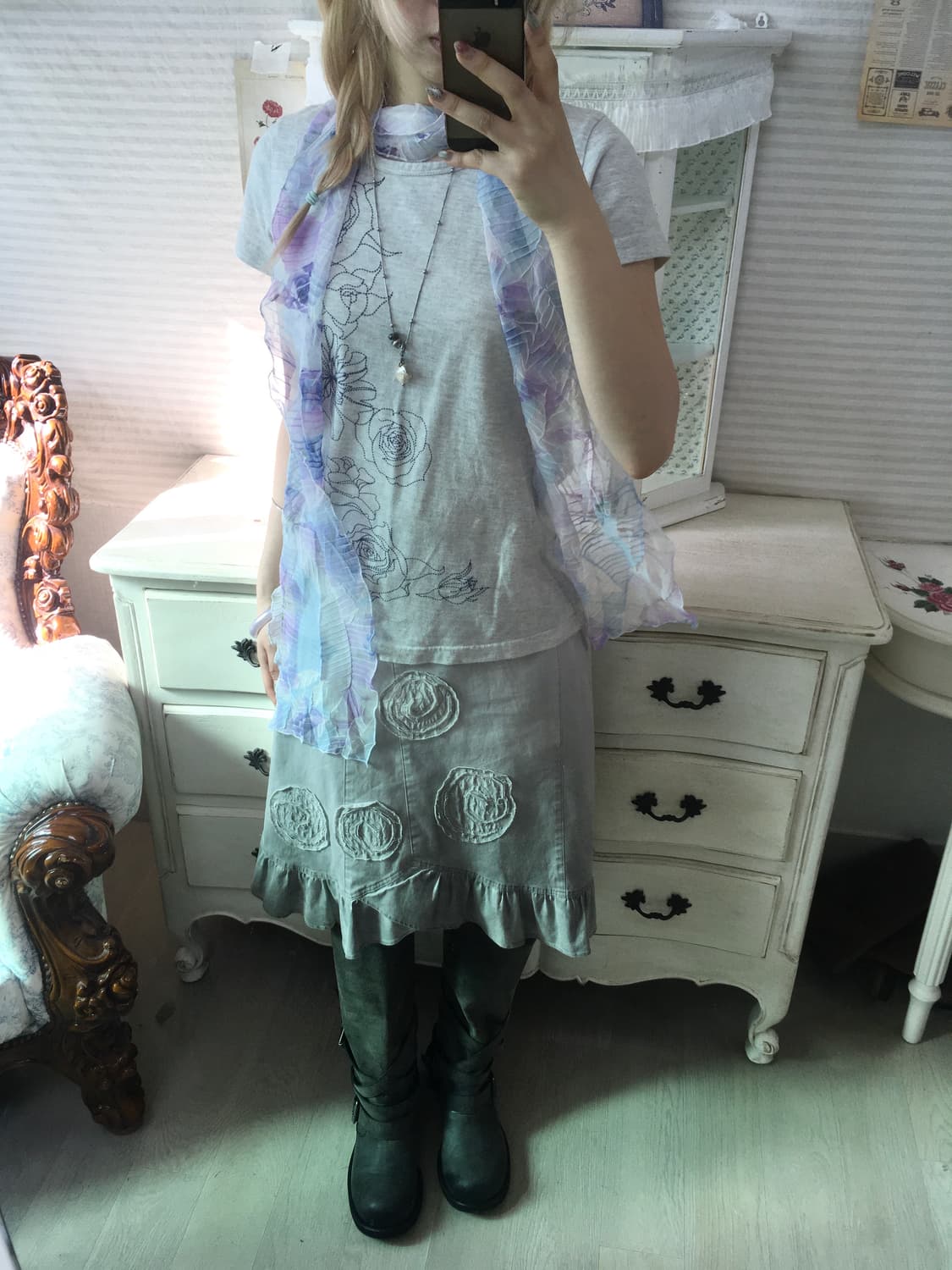 jpn vintage melange gray rose printing  상품이미지5