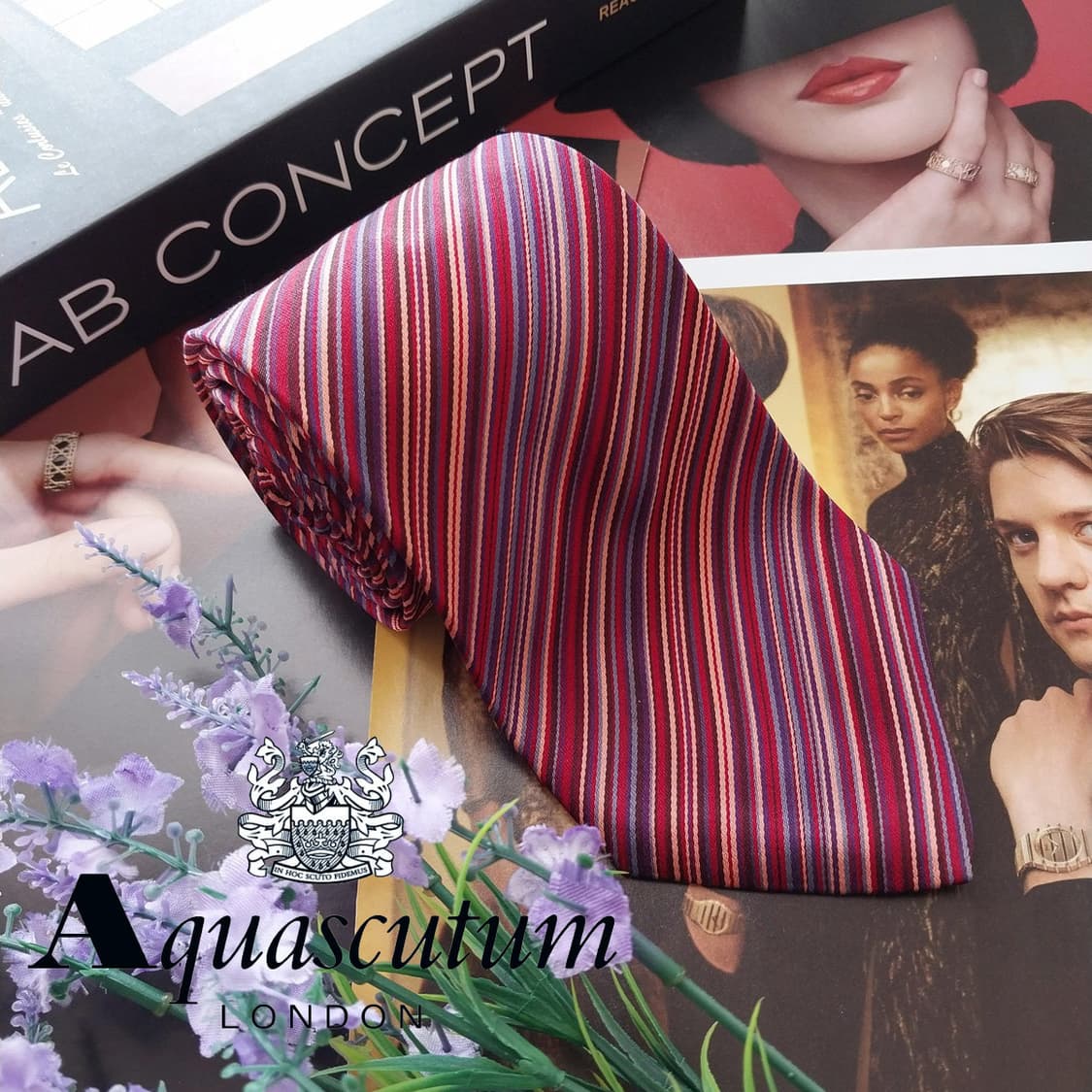 아쿠아스큐텀 실크 레드 스트라이프 넥타이 9.1cm A등급 K2544 상품이미지2