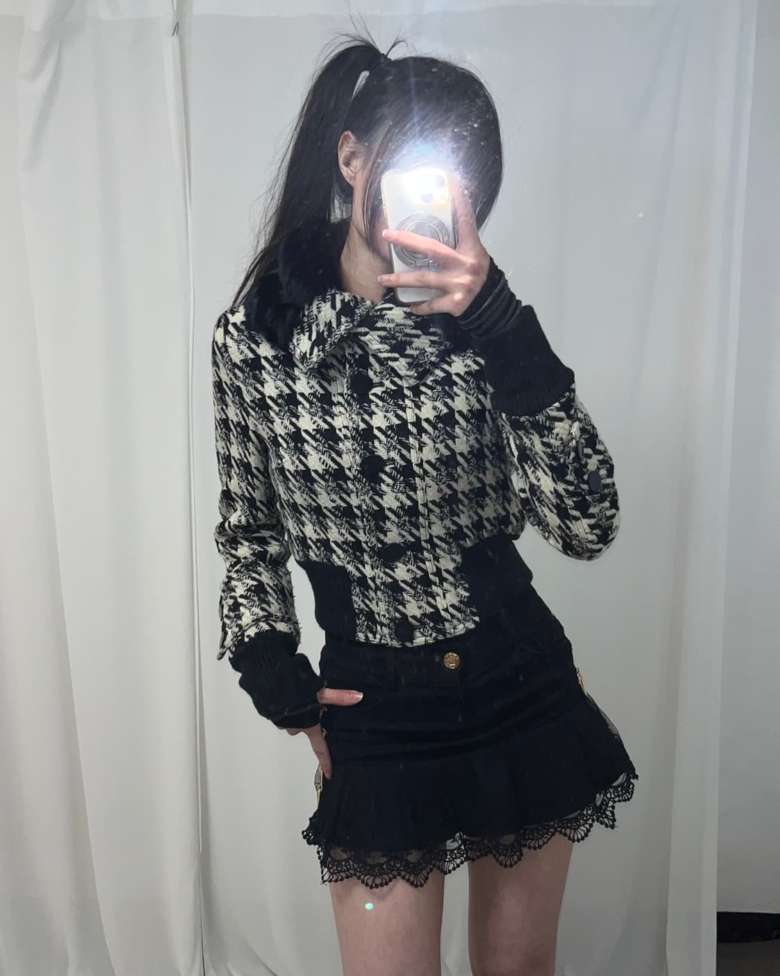 체크 카라 래빗퍼 숏코트 자켓 상품이미지5