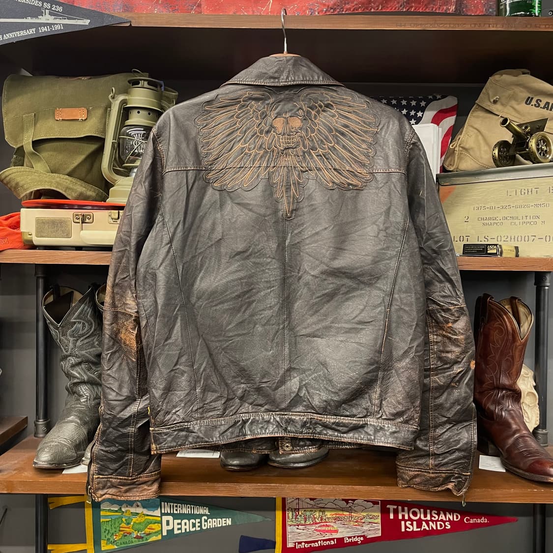 90s 알파 인더스트리 스페이스 포스 스컬 자수 라이더 리얼 레더 자켓 상품이미지2