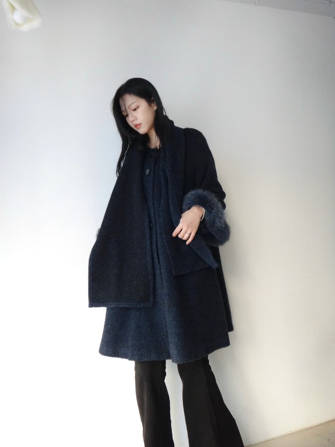 Muffler layered fur coat / navy 상품이미지7