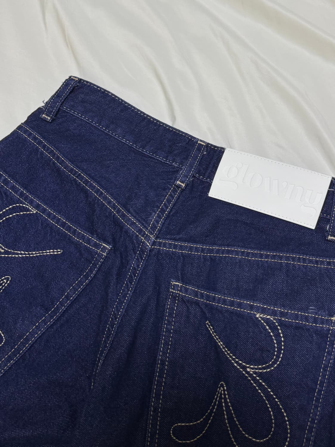 글로니 901 로우라이즈 와이드 데님 진 딥블루 레그 자수 청바지 네이비 상품이미지4