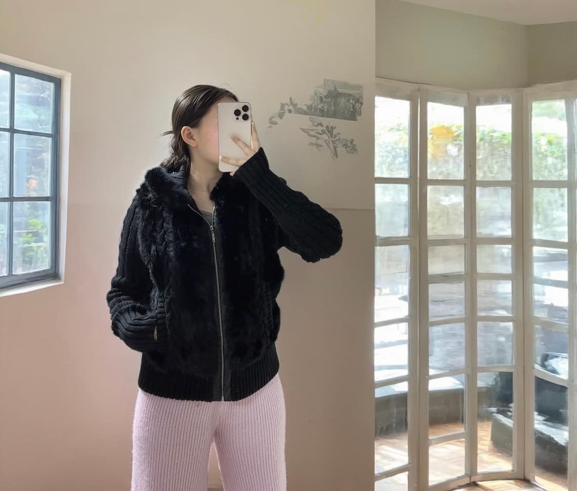 빈티지 블랙 토끼털 꽈배기 니트자켓 후드집업 상품이미지5