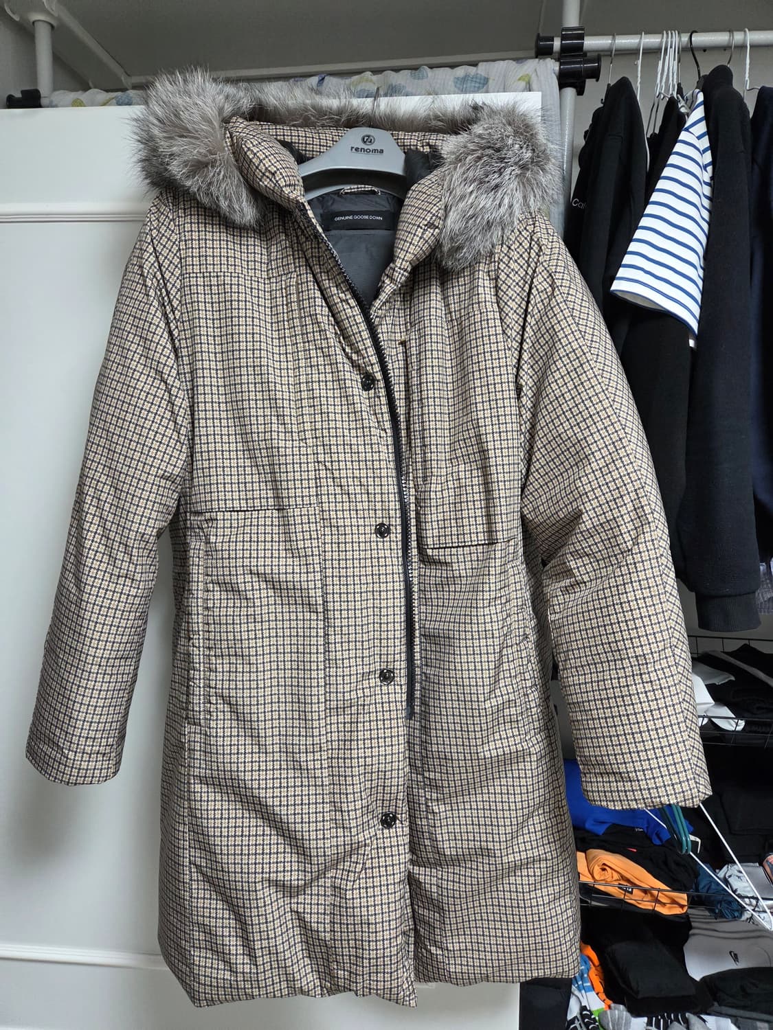 지오지아 체크 구스다운 롱패딩 상품이미지1