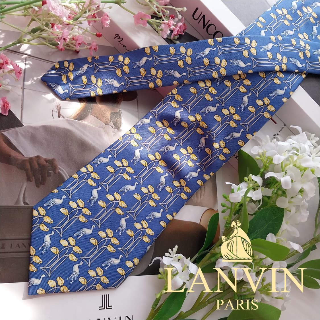 랑방 블루 버드 플라워 패턴 넥타이 9.5cm A+~A등급 K2413 상품이미지2