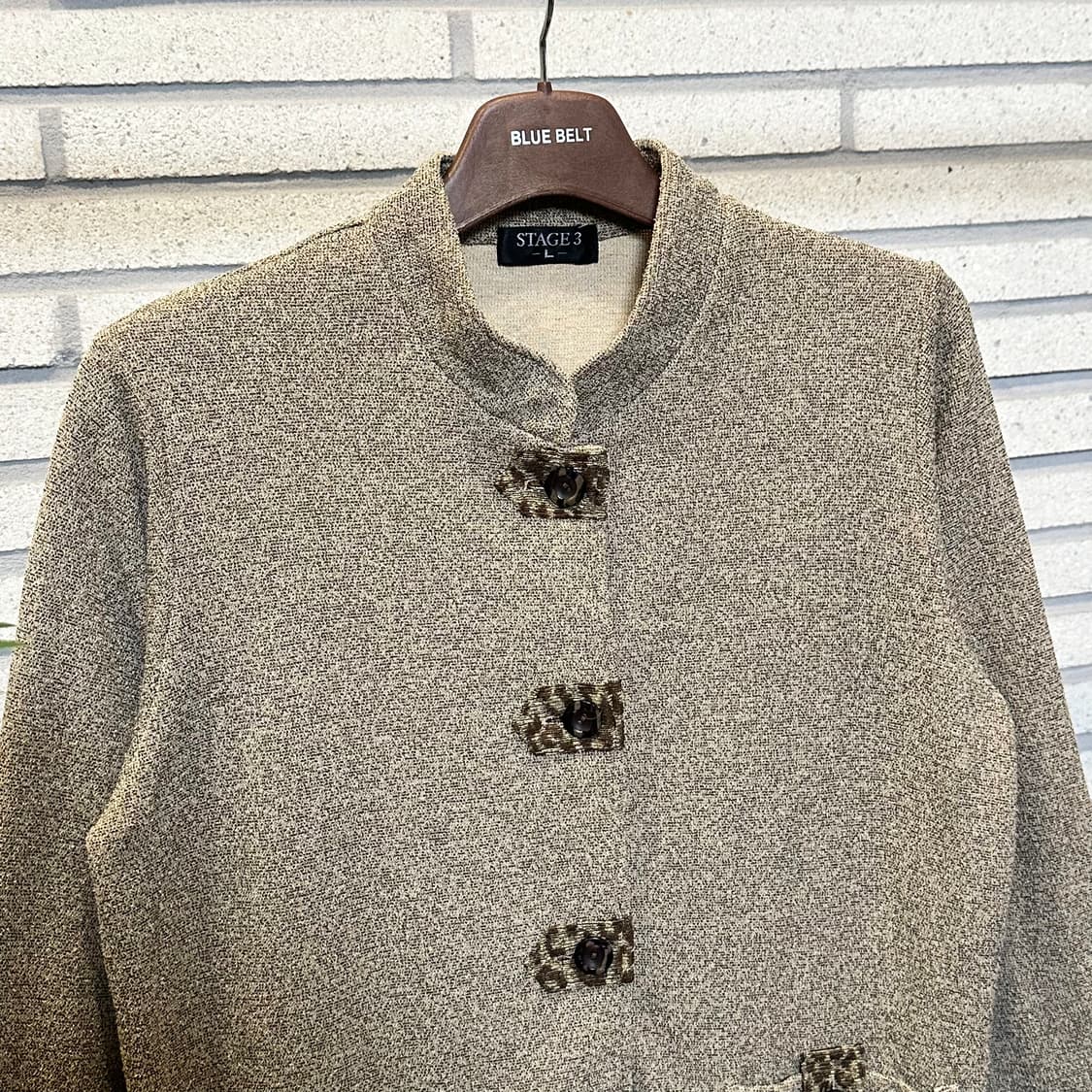 JPN VINTAGE 클래식 노카라 버튼 자켓 호피 패브릭 디테일 베이지 상품이미지4