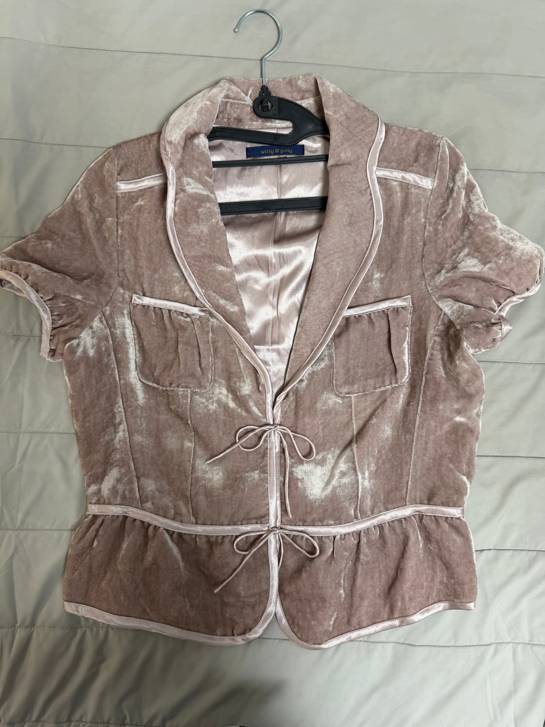 벨벳 리본 핑크 카라 가디건 상품이미지1