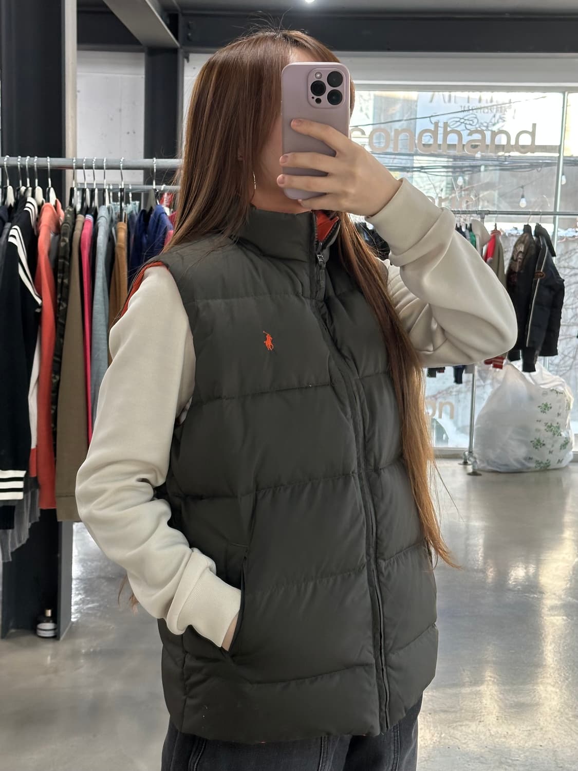 폴로랄프로렌 리버시블 패딩 베스트 카키 오렌지 상품이미지1