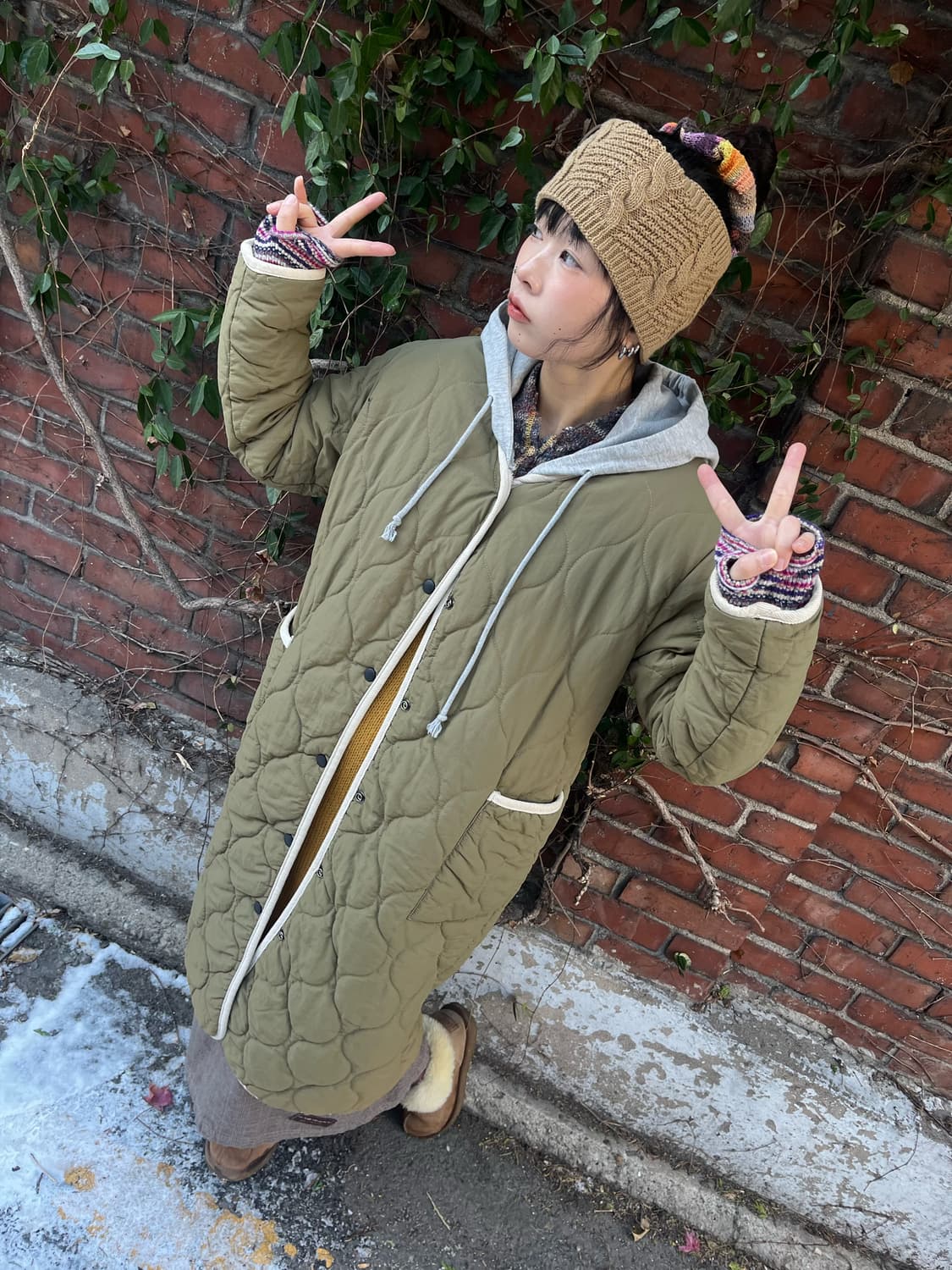 카키 퀼팅 플리스 후드 아우터 상품이미지2