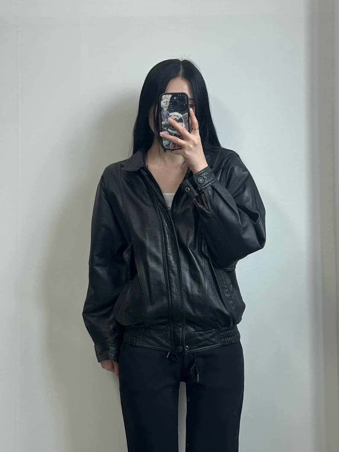 Vintage 램스킨 블랙 봄버 레더 자켓 상품이미지1