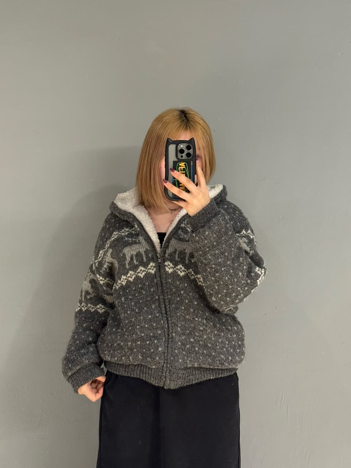 nordic pattern sherpa knit hood zip-up 상품이미지1