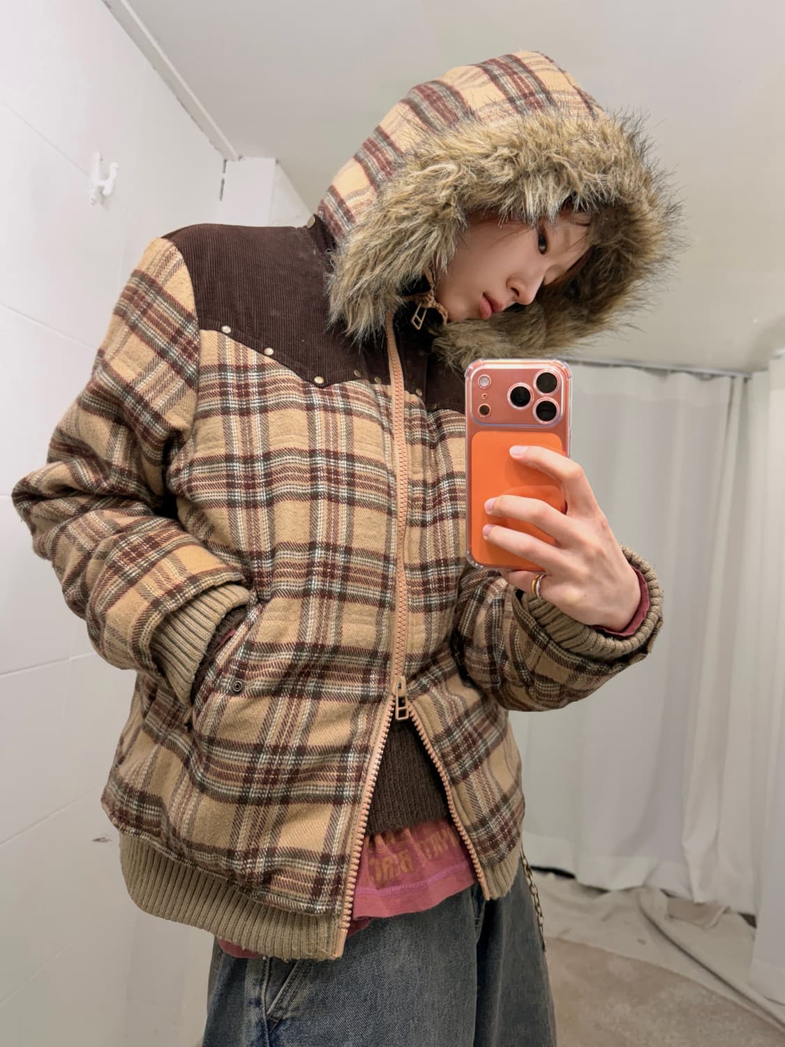 빈티지 브라운 체크 웨스턴 디테일 퍼 패딩 자켓 상품이미지1