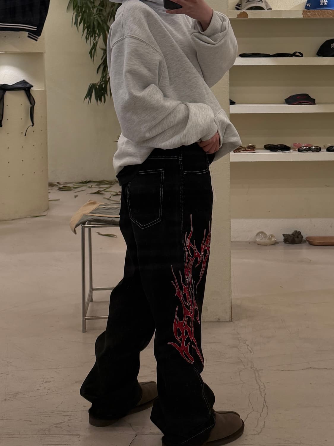 빈티지 플레임 자수 블랙 데님 팬츠 U449 상품이미지2