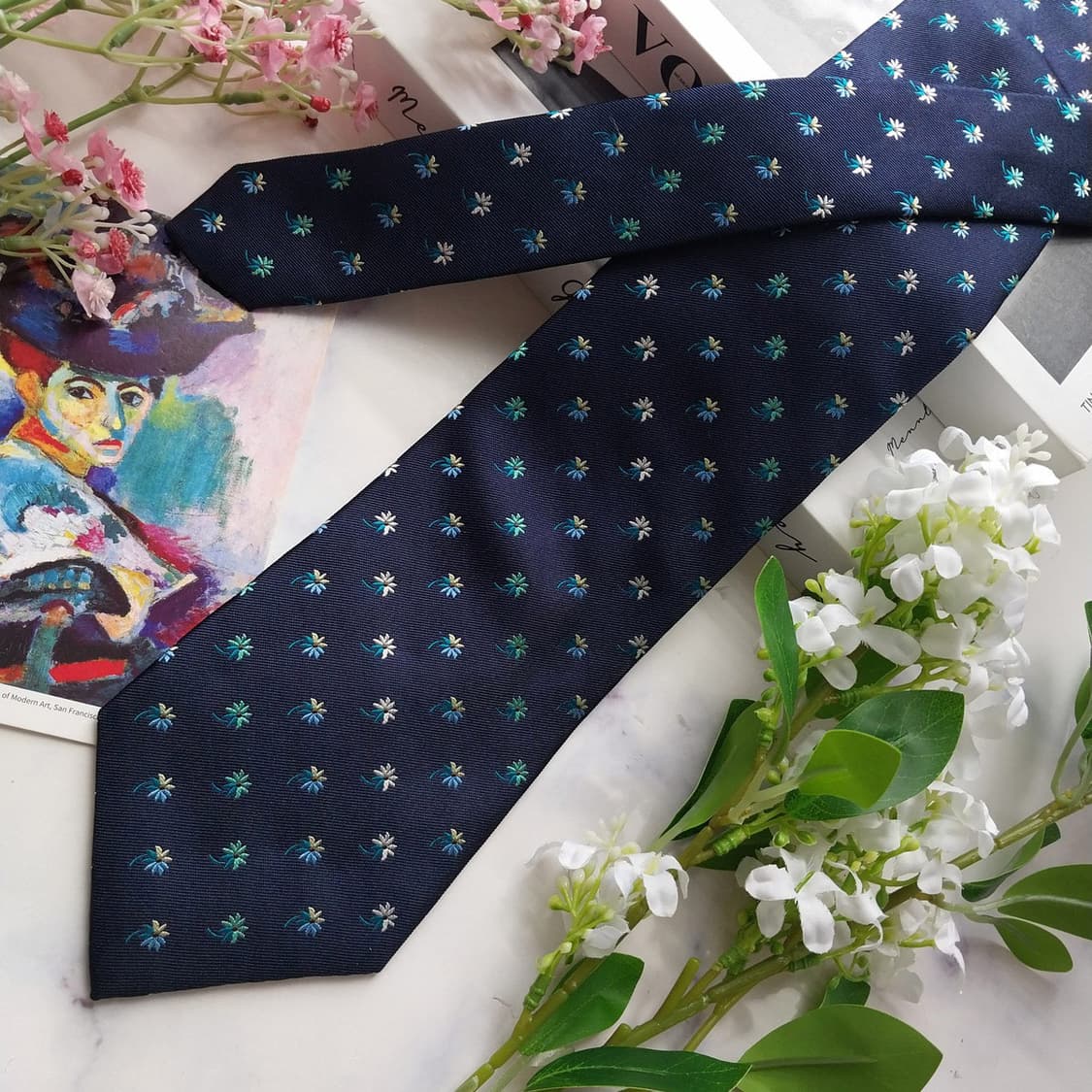 제냐 실크 네이비 플라워 패턴 넥타이 9.3cm 새제품 K2446 상품이미지3