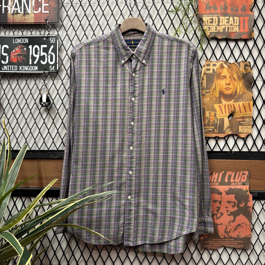 폴로 랄프로렌 긴팔 체크 셔츠 네이비 포니 로고 포인트 퍼플그린 상품이미지1