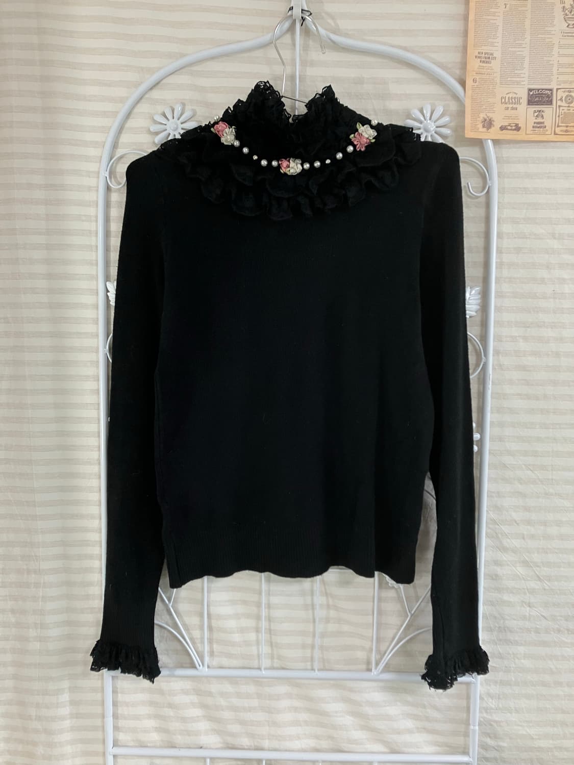 빈티지 블랙 진주 레이스 니트 폴라 930 y2k 스트릿 갸루 펑키 일본 상품이미지1