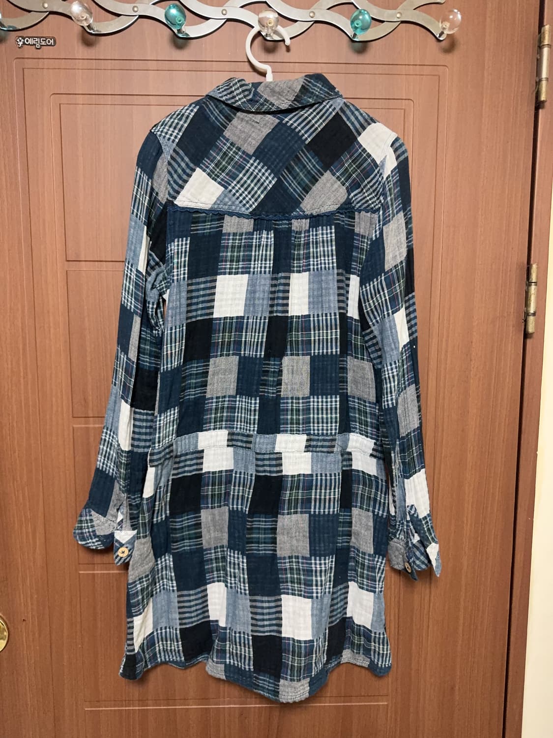 모리걸 하구미 일본 빈티지 블루 체크 패치워크 둥근카라 홍콩 셔츠 원피스 상품이미지3