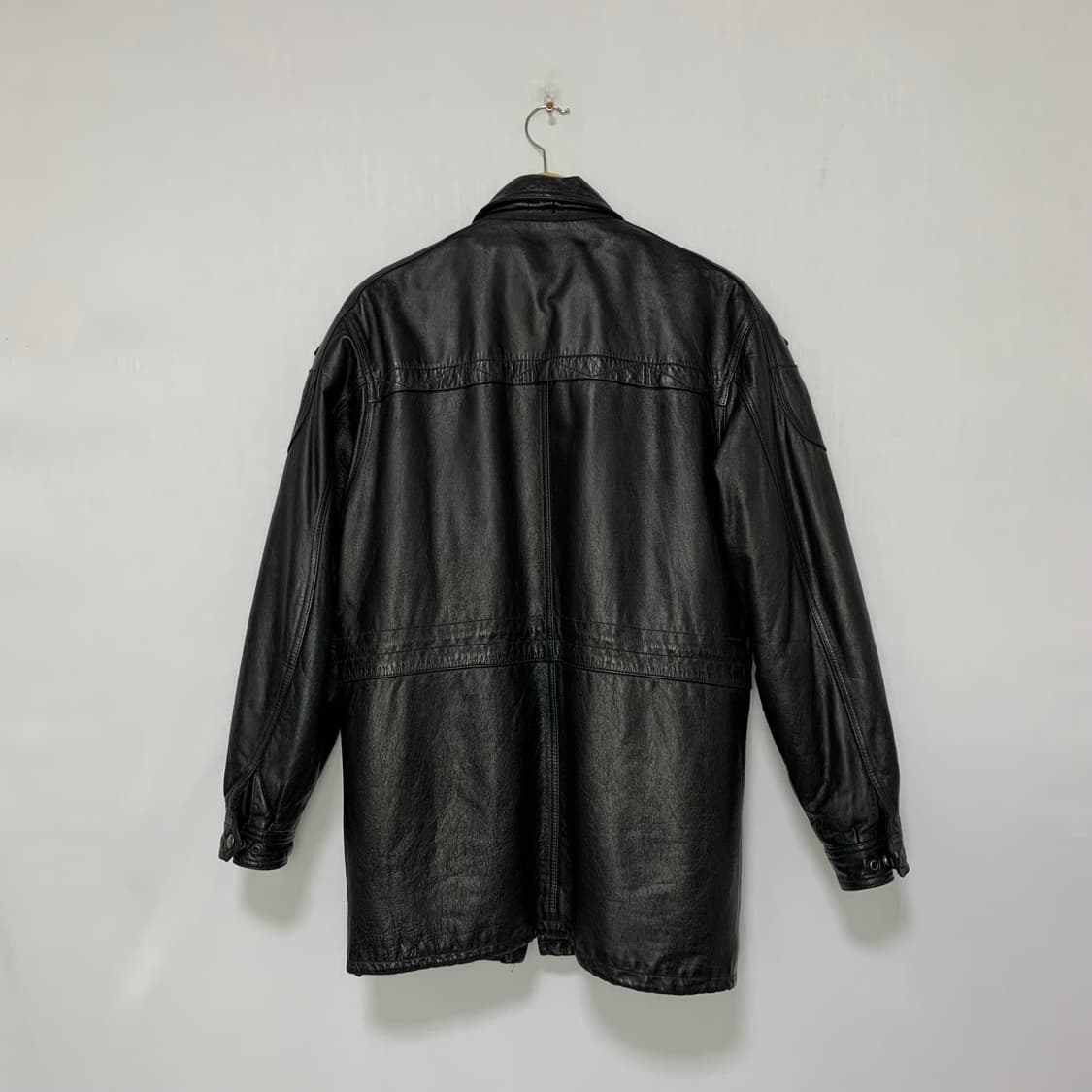 빈티지 지퍼 벨트 디테일 블랙 소가죽 자켓 하프코트 리얼레더 남성 M 상품이미지9