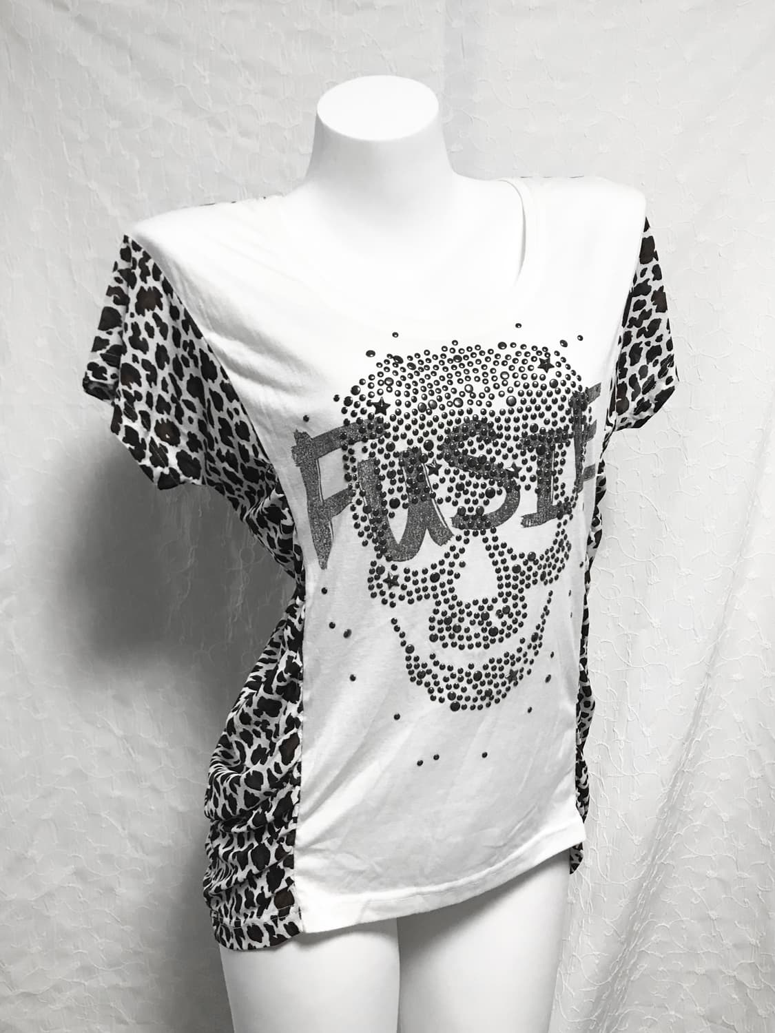 빈티지 갸루 펑크 레오파드 스터드 코르셋 셔링 반소매 탑 상품이미지2