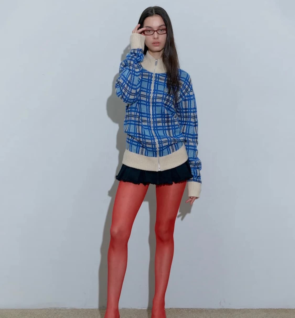 스컬프터 모헤어 체크 집업 멀티 블루 상품이미지3