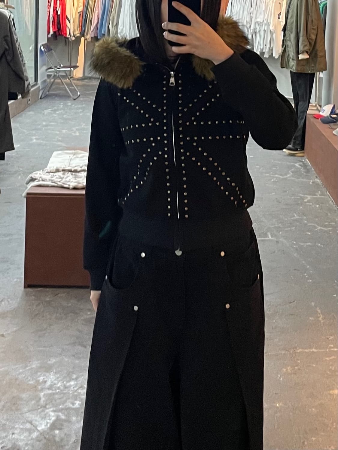 빈티지 블랙골드 패턴 퍼 후드집업 (퍼 탈부착 가능) H1570 상품이미지1