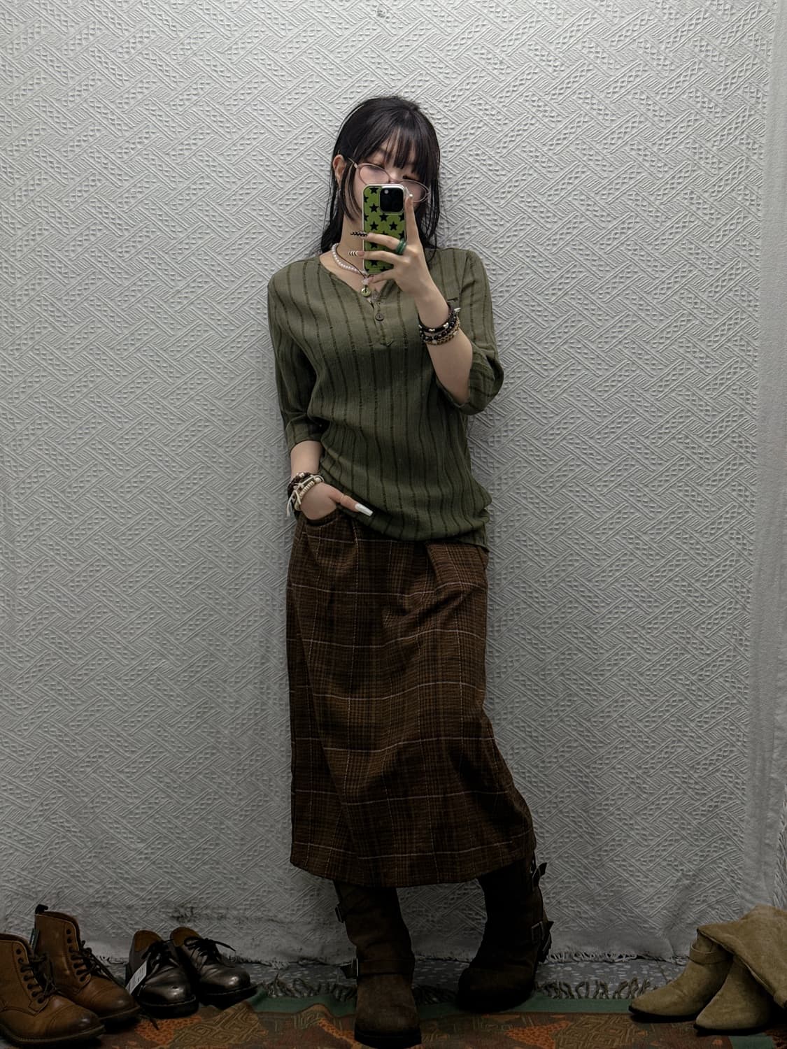 빈티지 러블리 플레어 밴딩 포켓 체크 롱스커트 K0027 상품이미지2