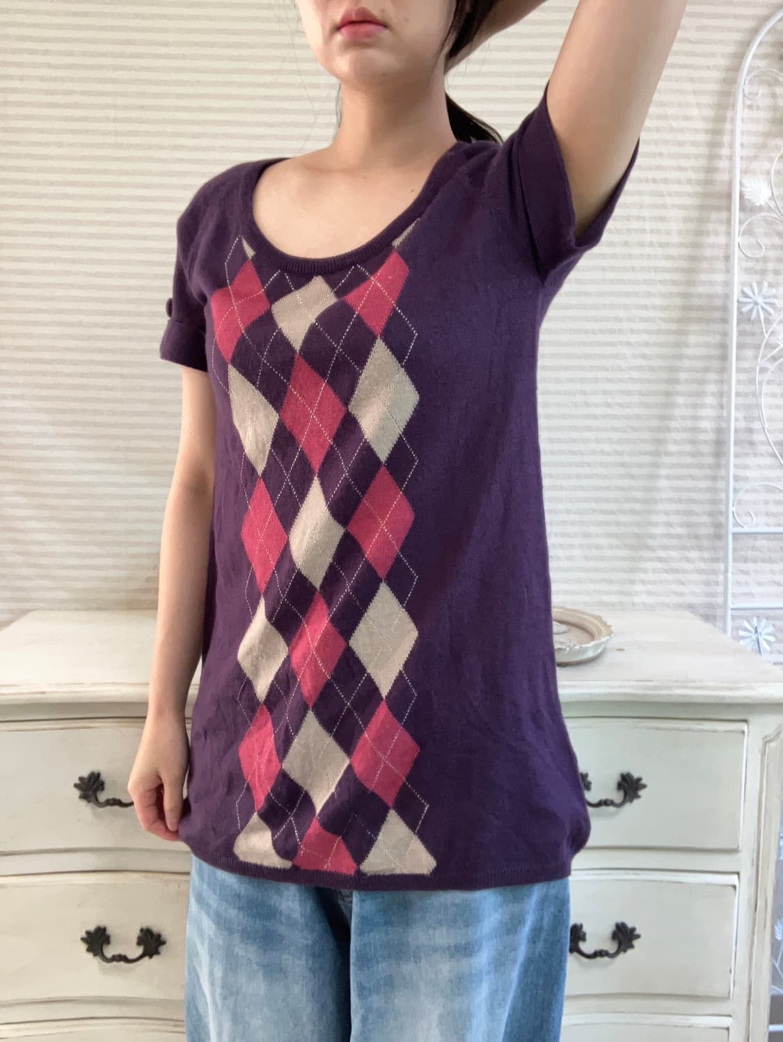 빈티지 퍼플 아가일 반팔 니트 y2k 스트릿 갸루 펑키 일본빈티지 상품이미지3