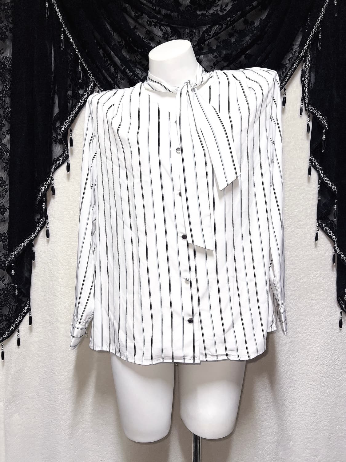 로맨틱갸루 스트라이프 타이 블라우스 셔츠 로걀탑 긱시크 프레피 오피스 상품이미지5