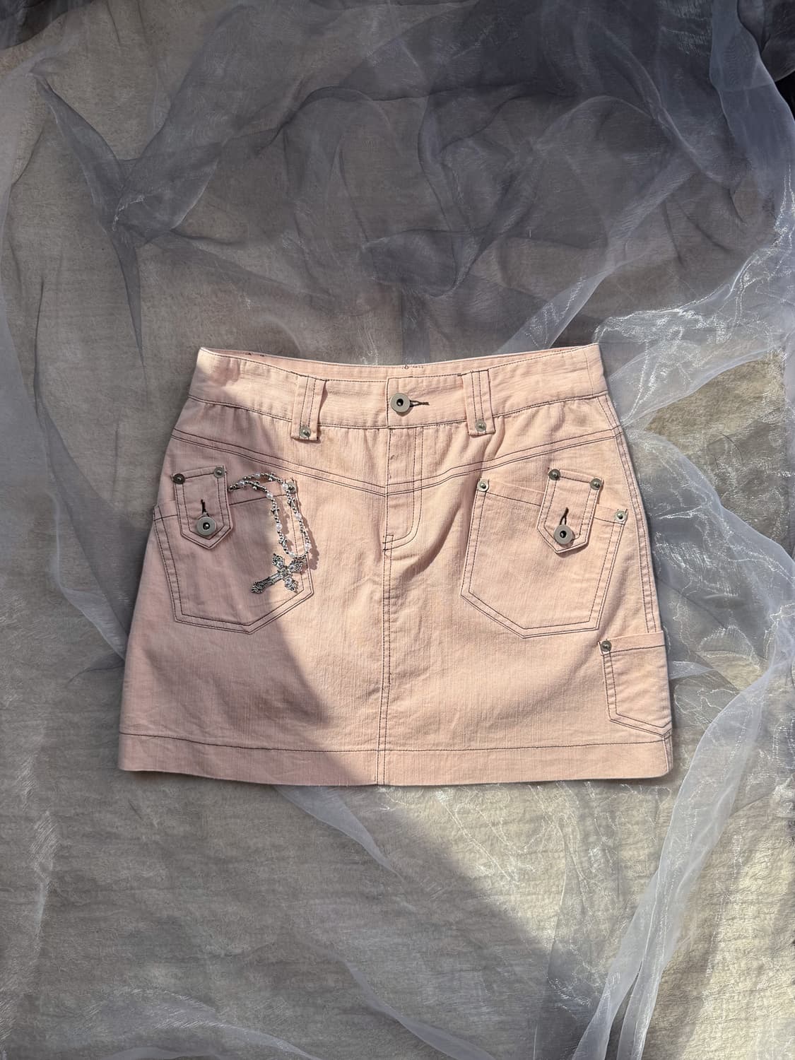 Brown Stitched Pink Mini Skirt 0155 상품이미지1