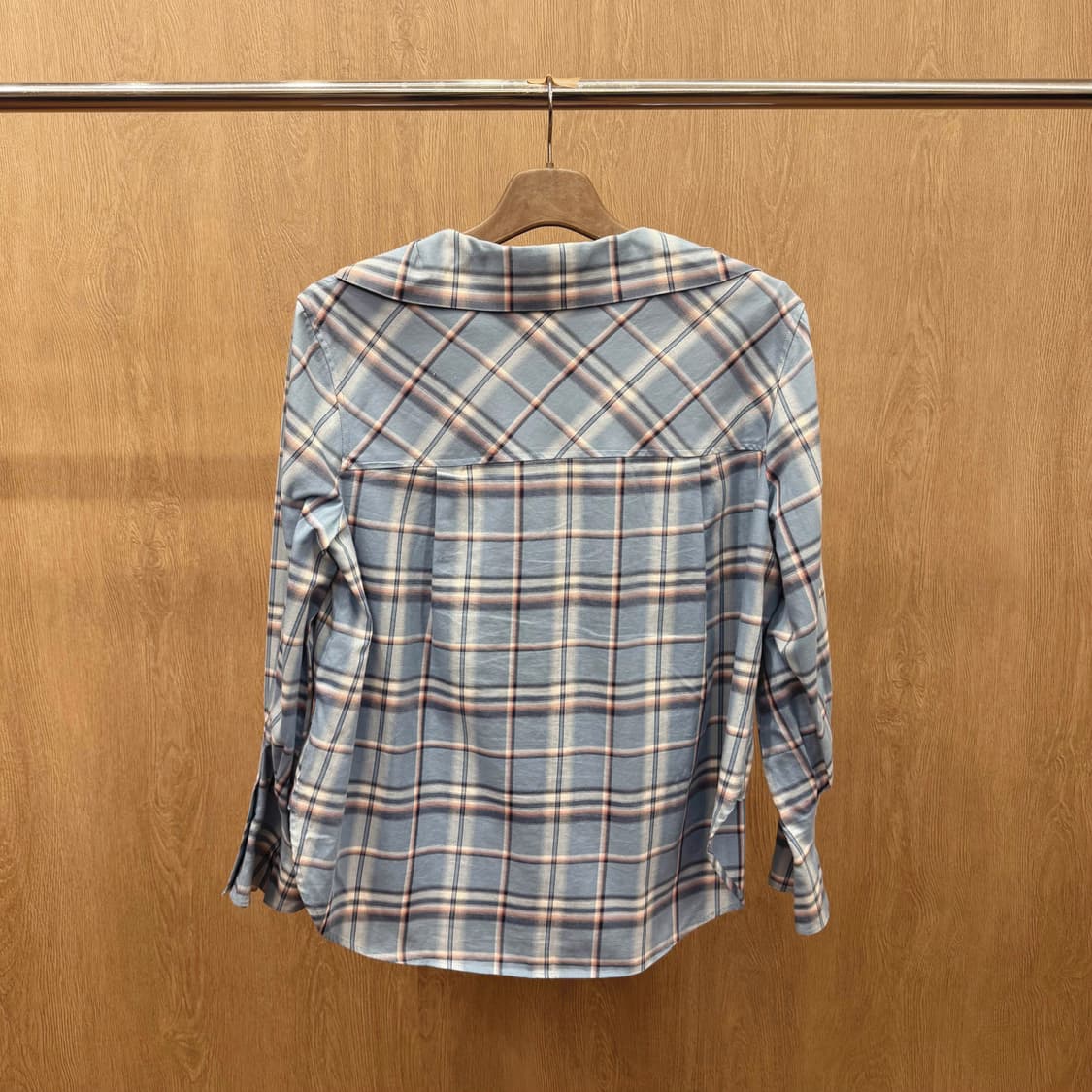 시스템 오픈카라 체크 셔츠 히든 버튼 플래킷 컬러 배색 블루 상품이미지3