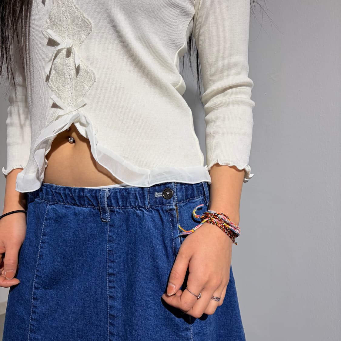 Prima 셔링 리본 레이스 티셔츠 상품이미지2