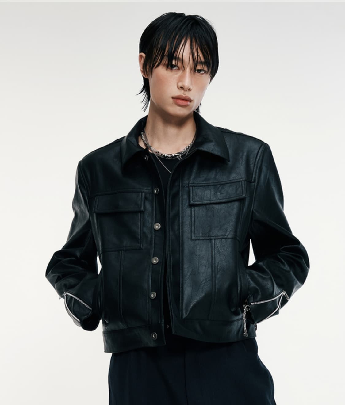 알렌느 TRUCKER FAUX LEATHER JACKET 블랙 2사이즈 상품이미지1
