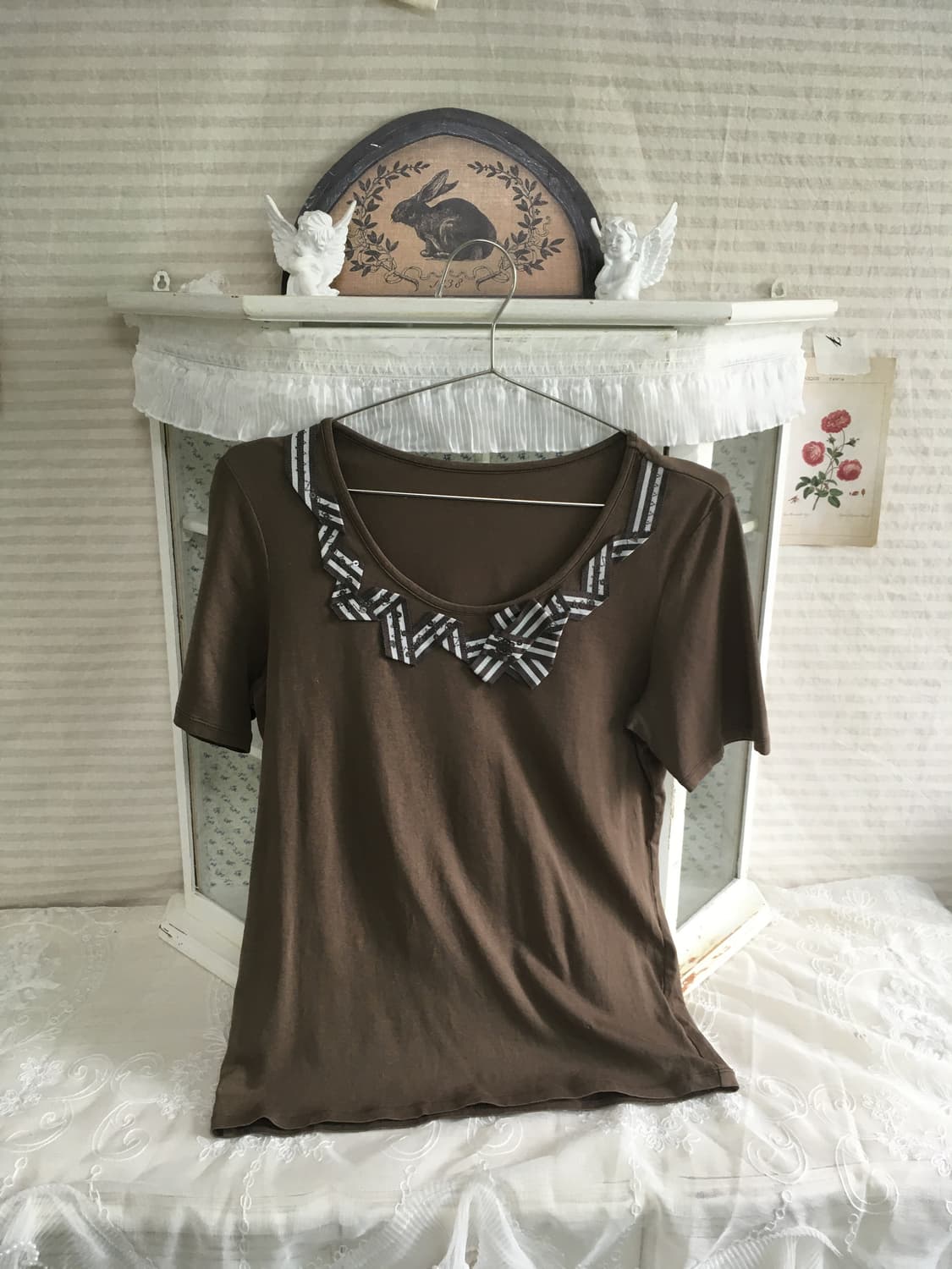 일본빈티지 카키브라운 반팔 티셔츠 리본 상품이미지3