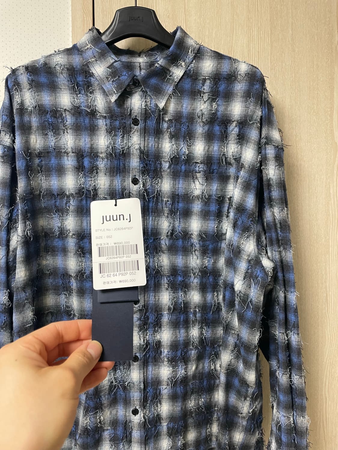 준지 26ss 그리드 니들 체크 루즈핏셔츠 블루, 52사이즈 새상품 상품이미지4