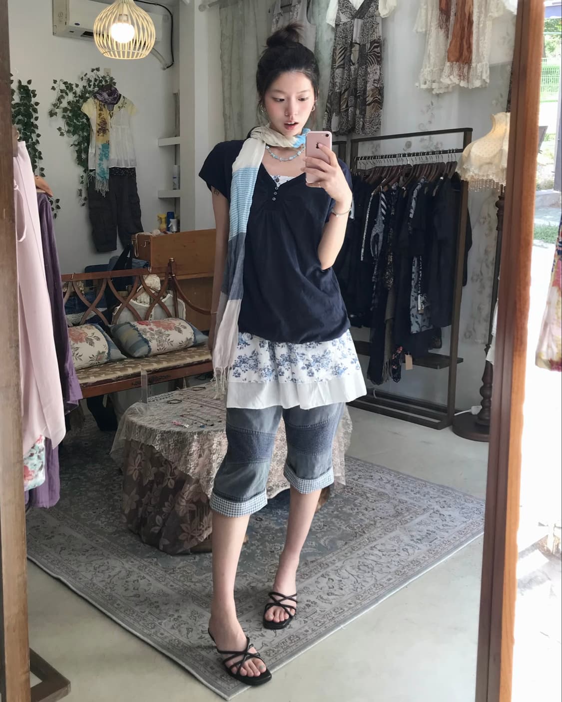 빈티지 데일리 무채색 블루 하구미 데님 카프리 코디 세트 상품이미지3