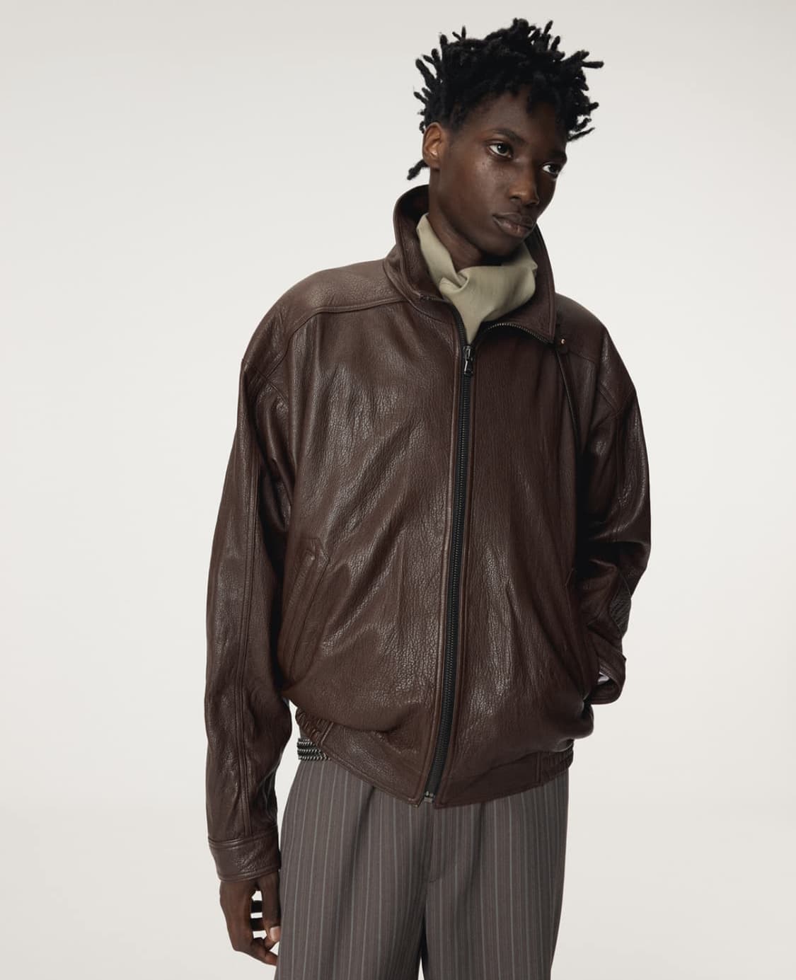 [새상품] 렉토 25FW 하이넥 크랙 크링클 레더 점퍼 자켓 브라운 상품이미지3